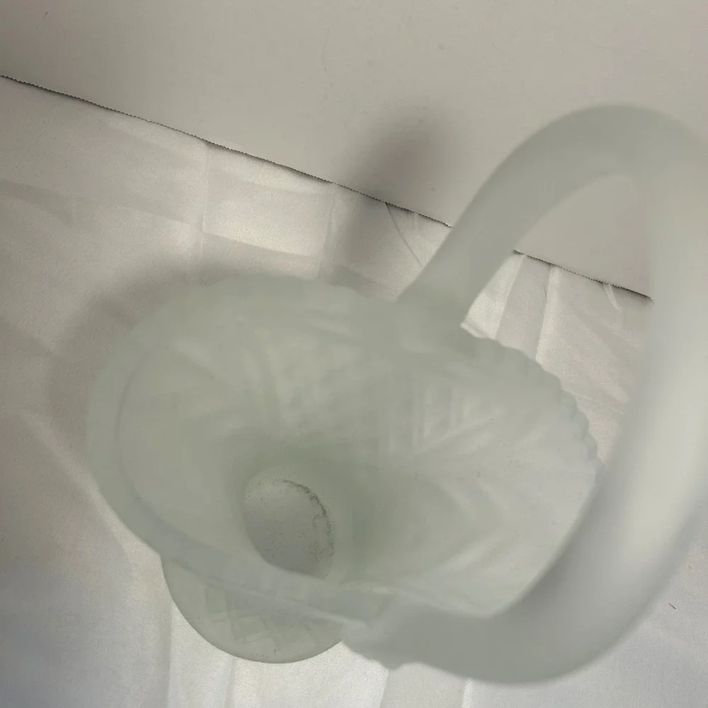 Frosted Glass Flower Basket Hobnail Rim Handle Elegant‎ Decorative Accent